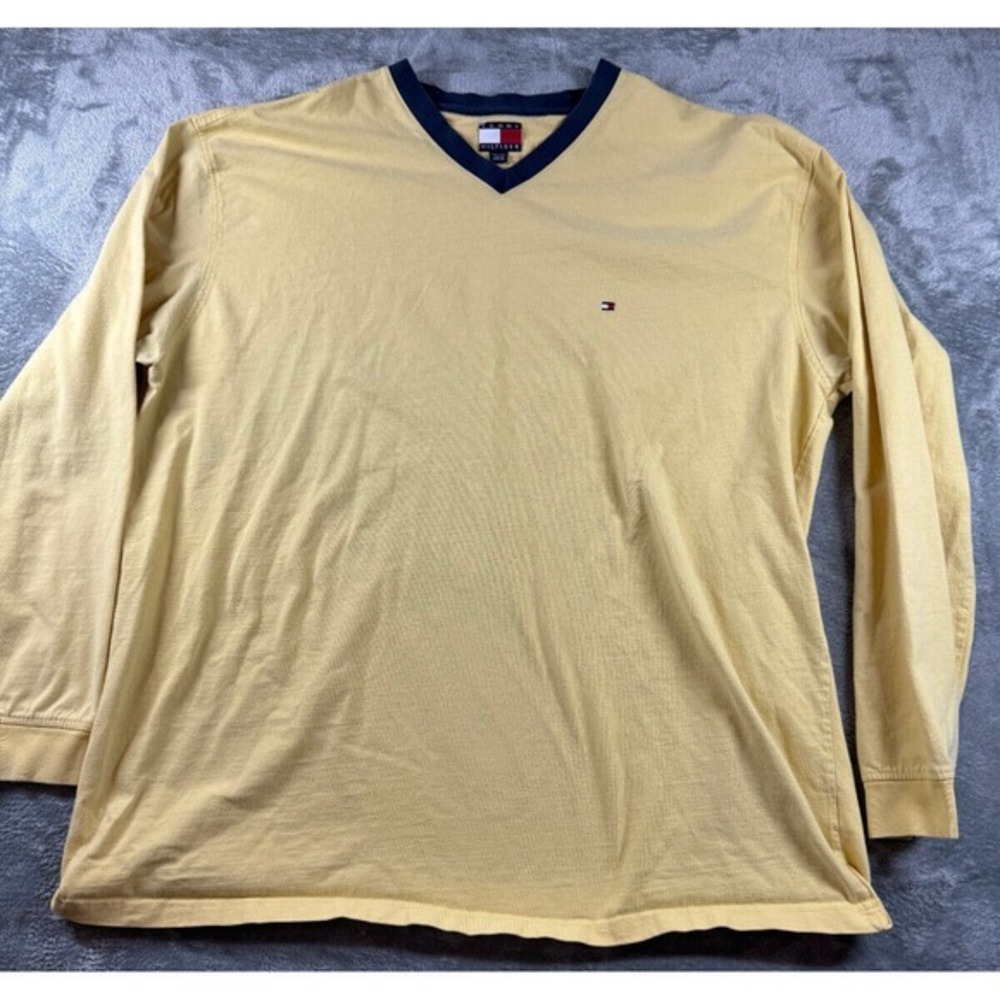 Vintage Tommy Hilfiger V-Neck Long Sleeve Shirt - Yellow - XXL